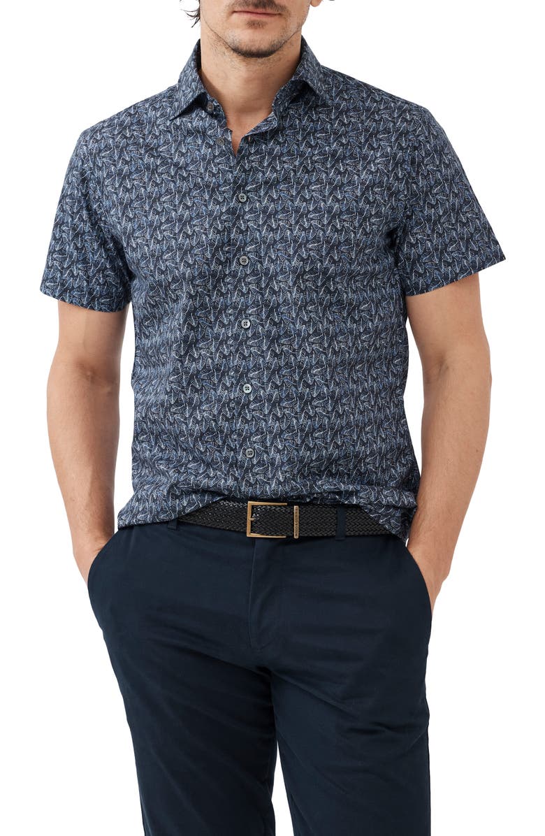 Rodd & Gunn Pepin Island Frond Print Short Sleeve Cotton Button-Up Shirt, Main, color, 