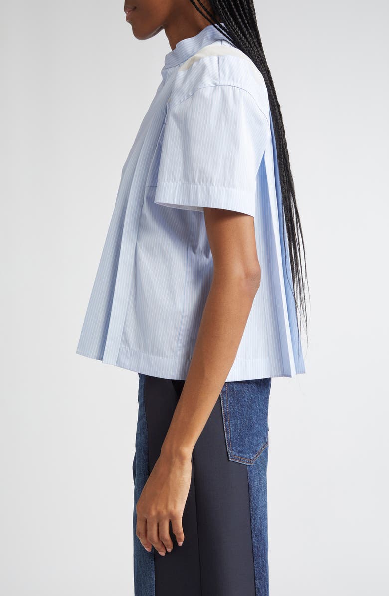 Sacai Pinstripe Pintuck Poplin Short Sleeve Button-Up Shirt, Alternate, color,