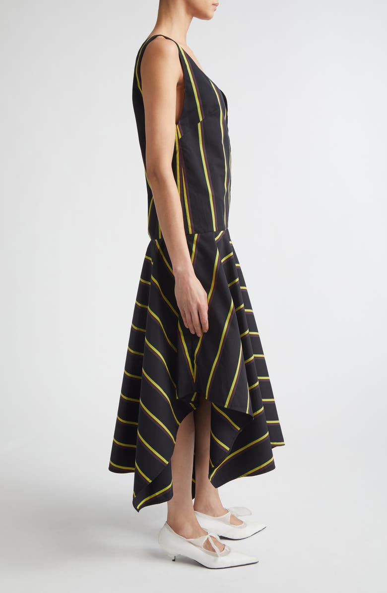 Proenza Schouler Beatriz Stripe Asymmetric Midi Dress, Alternate, color, Black Multi
