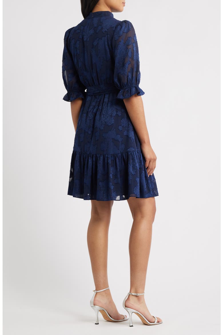 Floral Jacquard Metallic Stripe Chiffon Dress, Alternate, color, NAVY
