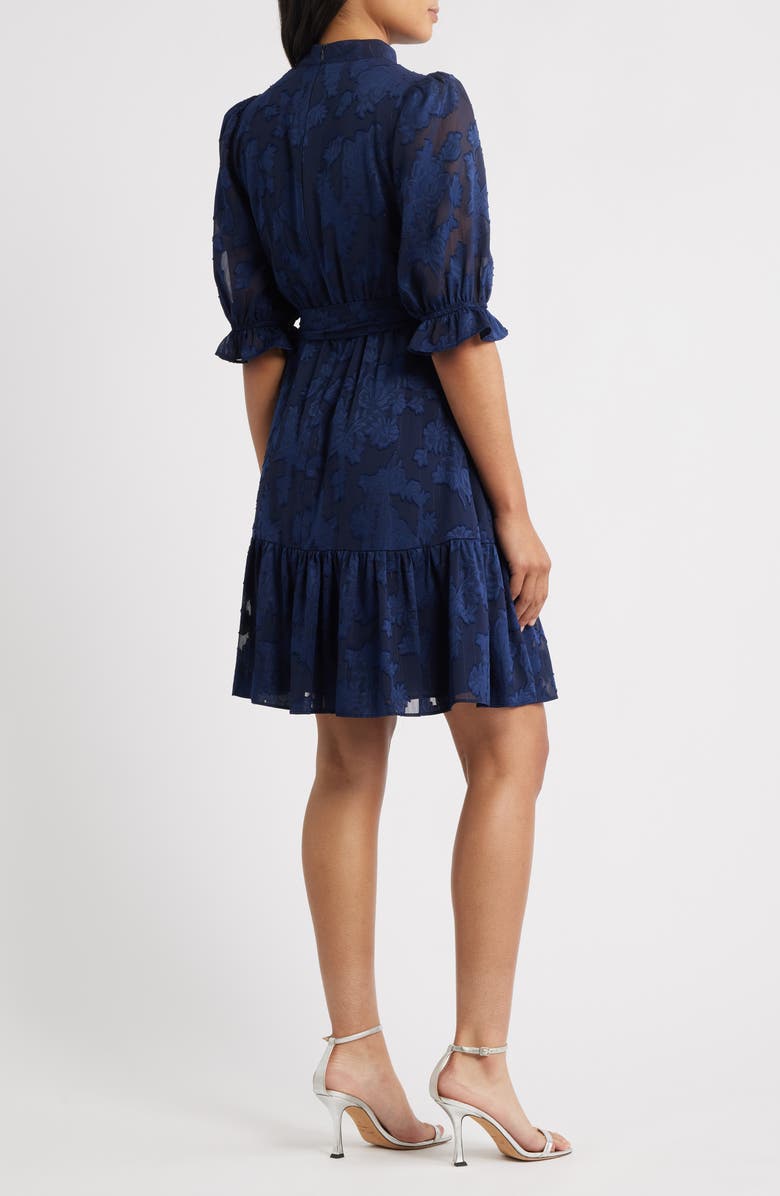 Eliza J Floral Jacquard Metallic Stripe Chiffon Dress, Alternate, color, Navy
