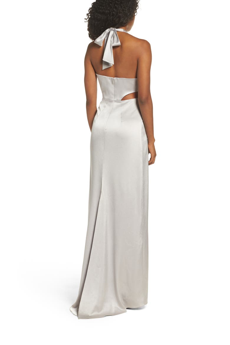 V-Neck Draped Satin Gown, Alternate, color, FOG
