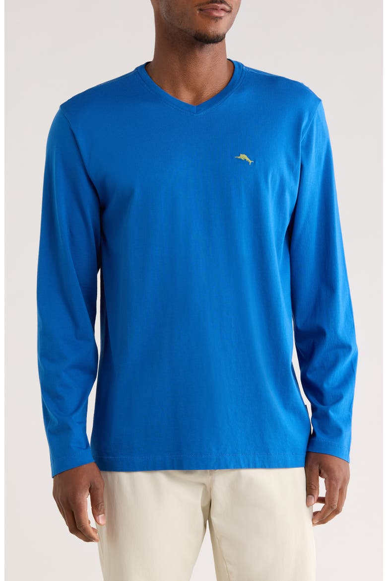 Bali Skyline Long Sleeve V-Neck T-Shirt, Main, color, COBALT SEA