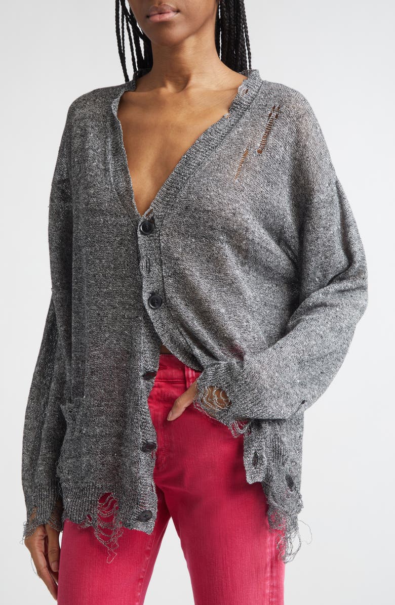 R13 Ripped Linen Cardigan, Alternate, color, Black Multi