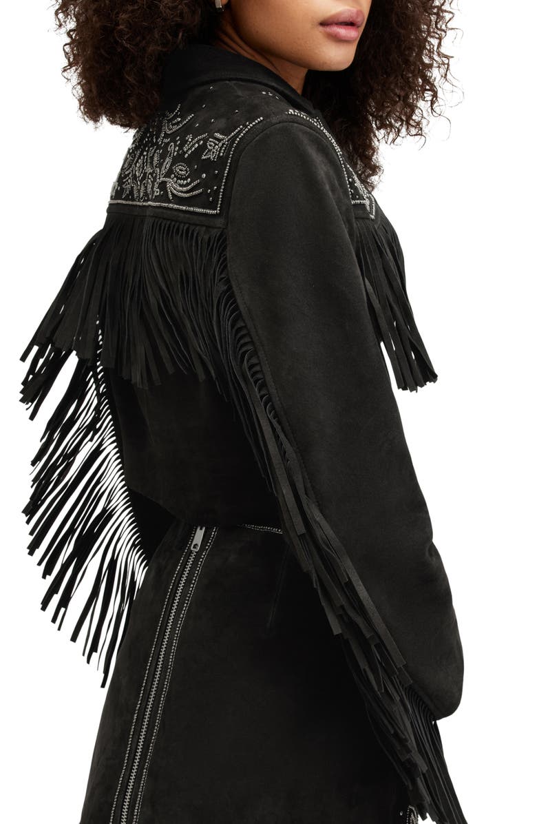 AllSaints Corinna Embellished Fringe Suede Crop Jacket, Alternate, color, 