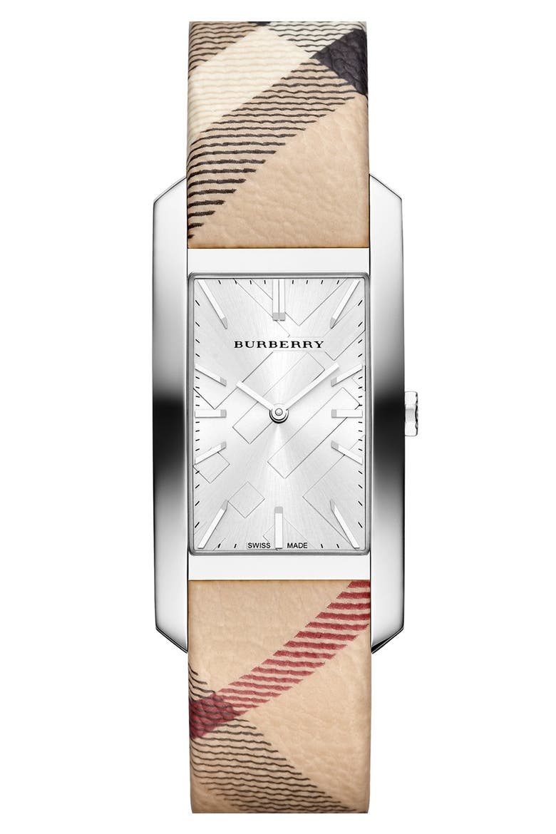 Rectangular Check Strap Watch, 25mm x 33mm, Main, color, HAYMARKET CHECK/ SILVER