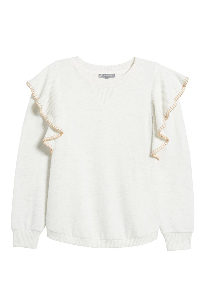 Ruffle Crewneck Sweater (Nordstrom Exclusive), Alternate, color, HEATHER OFF WHITE/ TAN