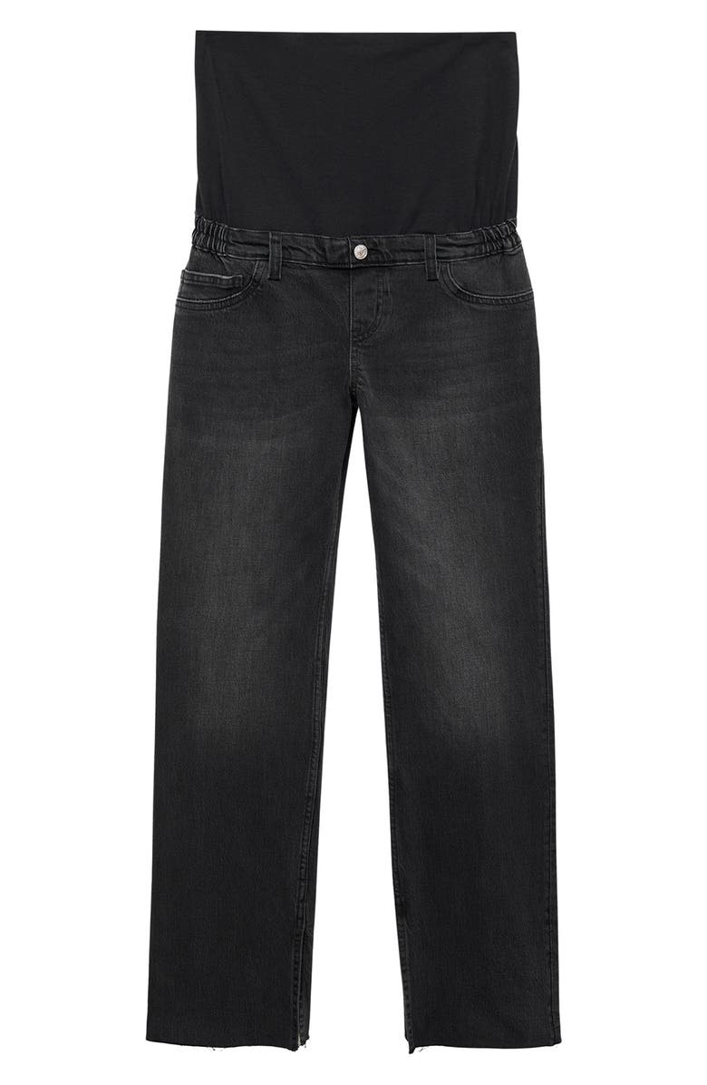 MANGO Over the Bump Raw Hem Straight Leg Maternity Jeans, Alternate, color, Black Denim