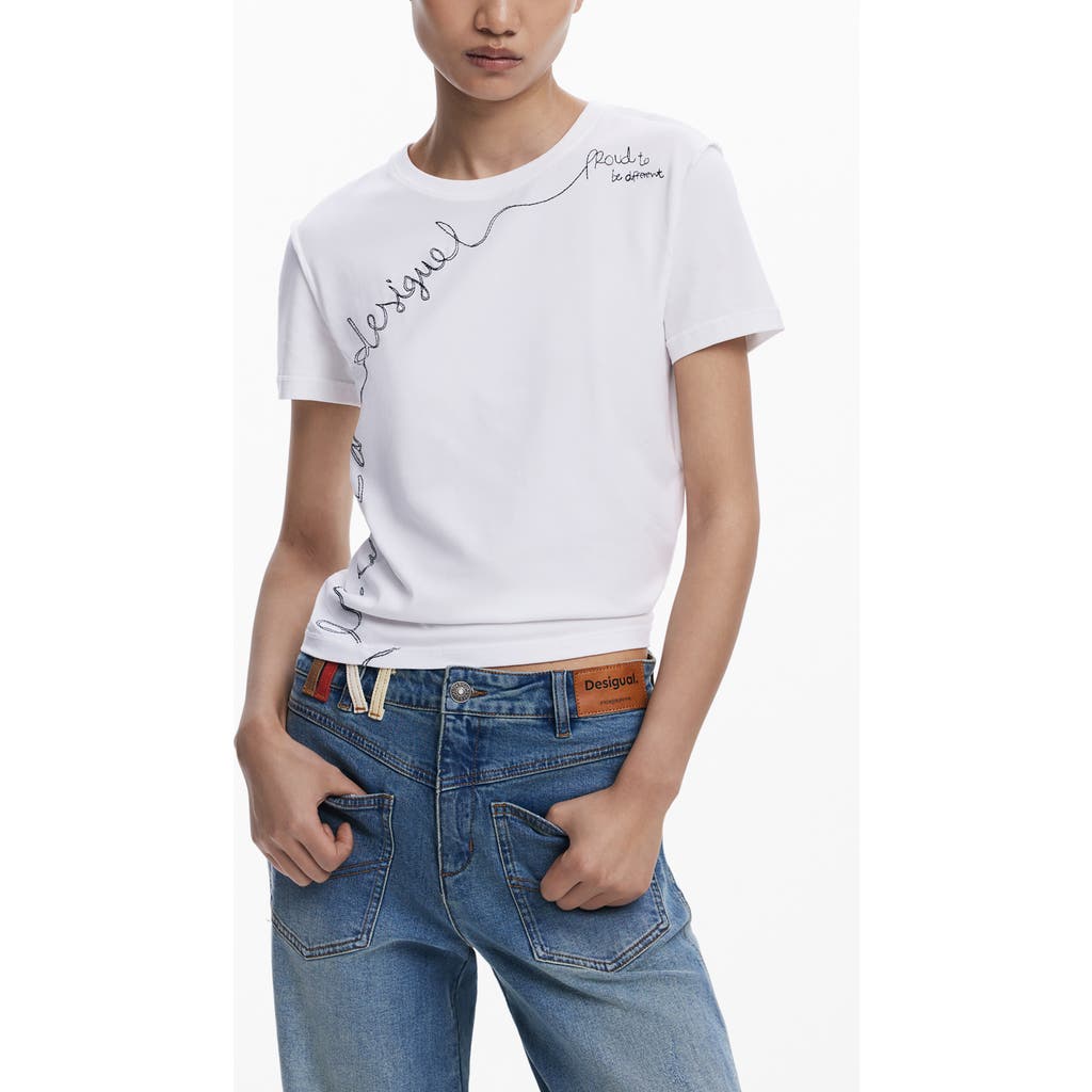 Desigual Embroidered Stretch Cotton T-shirt In White