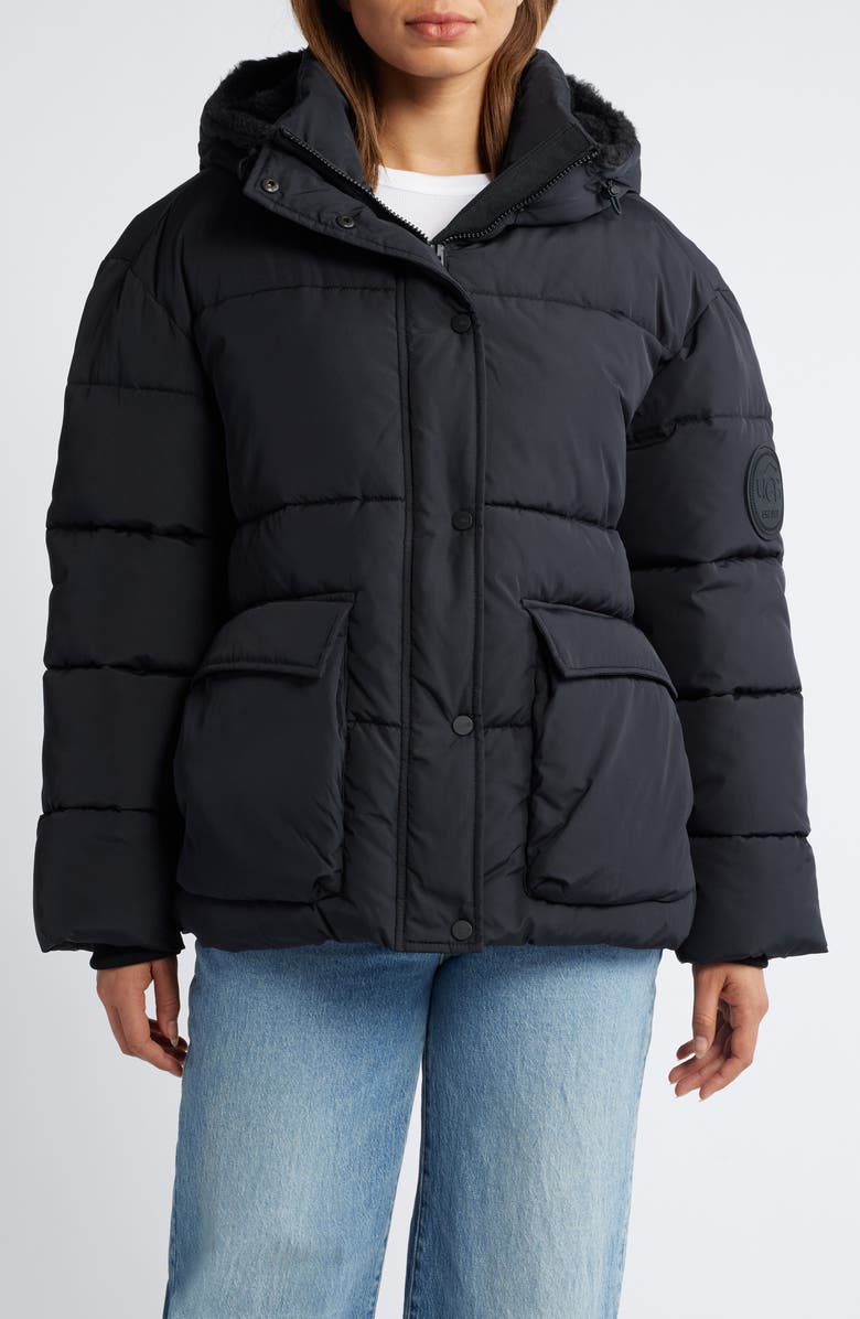 UGG<sup>®</sup> Kennedy Water Resistant Hooded Puffer Jacket, Main, color, Black