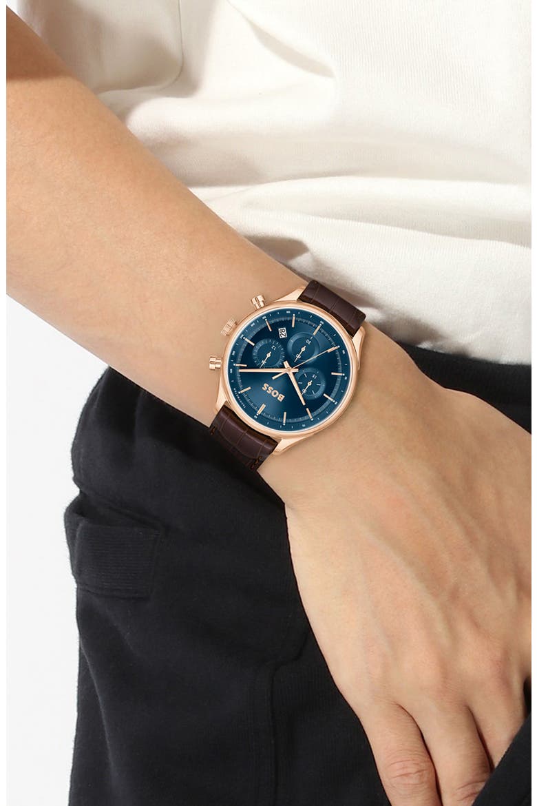 Gregor Chronograph Leather Strap Watch, 45mm, Alternate, color, BLUE SUNRAY