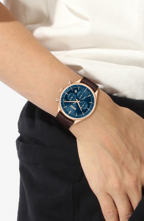 Hugo Boss Men's Gregor Quartz Chronograph Brown Mock Genuine-grained Leather Strap Watch 45mm In Blue Sunray