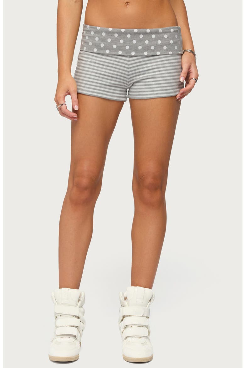 Presley Stripe & Polka Dot Foldover Shorts, Main, color, LIGHT-GRAY-MELANGE-AND-WHITE