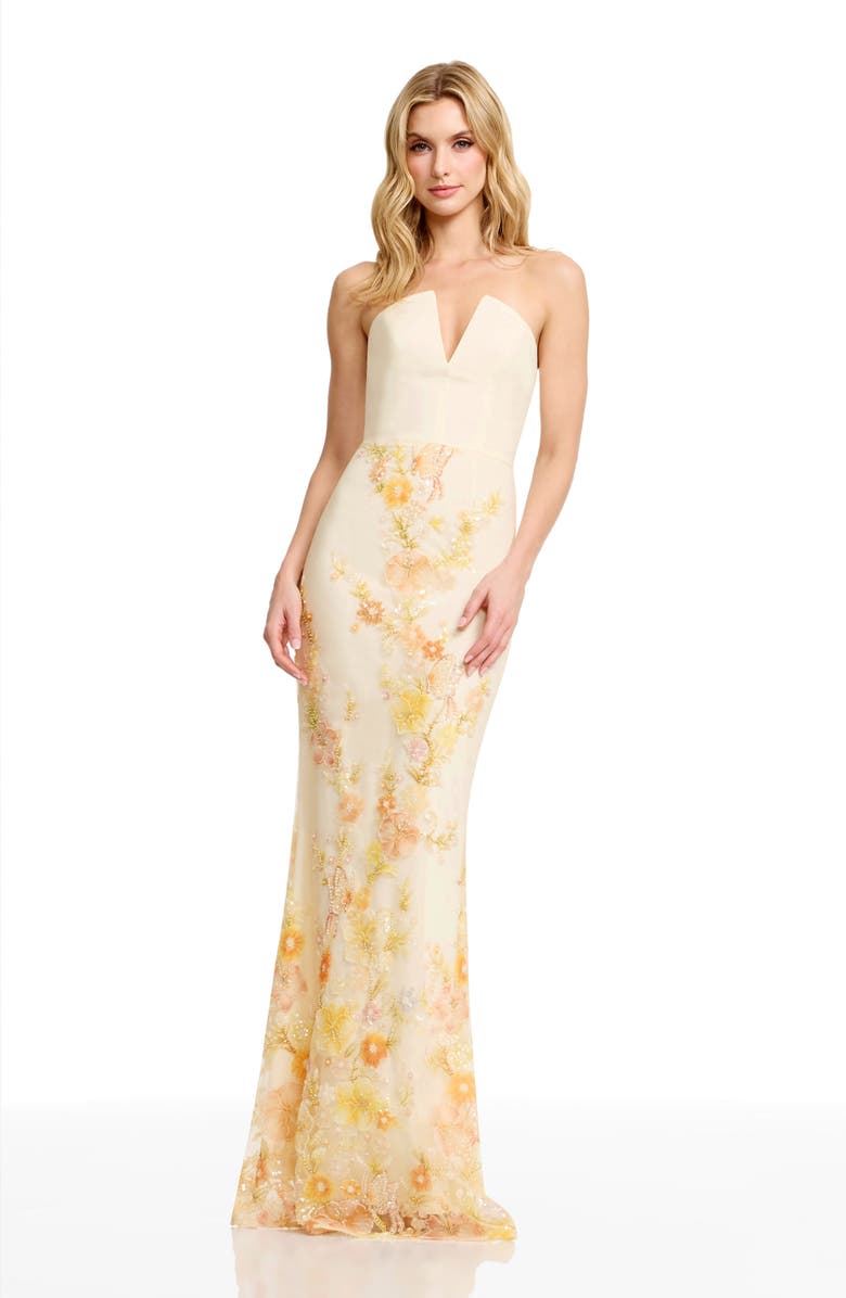 Dress the Population Fernanda Bead Embellished Floral Strapless Gown, Alternate, color, Ivory Multi