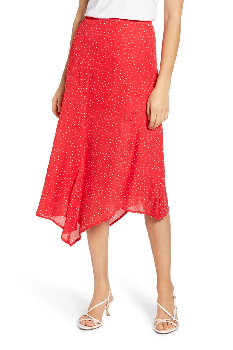 Gibson x International Women's Day Fancy Ashley Asymmetrical Flowy Midi Skirt, Main, color, CORAL MINI DOT