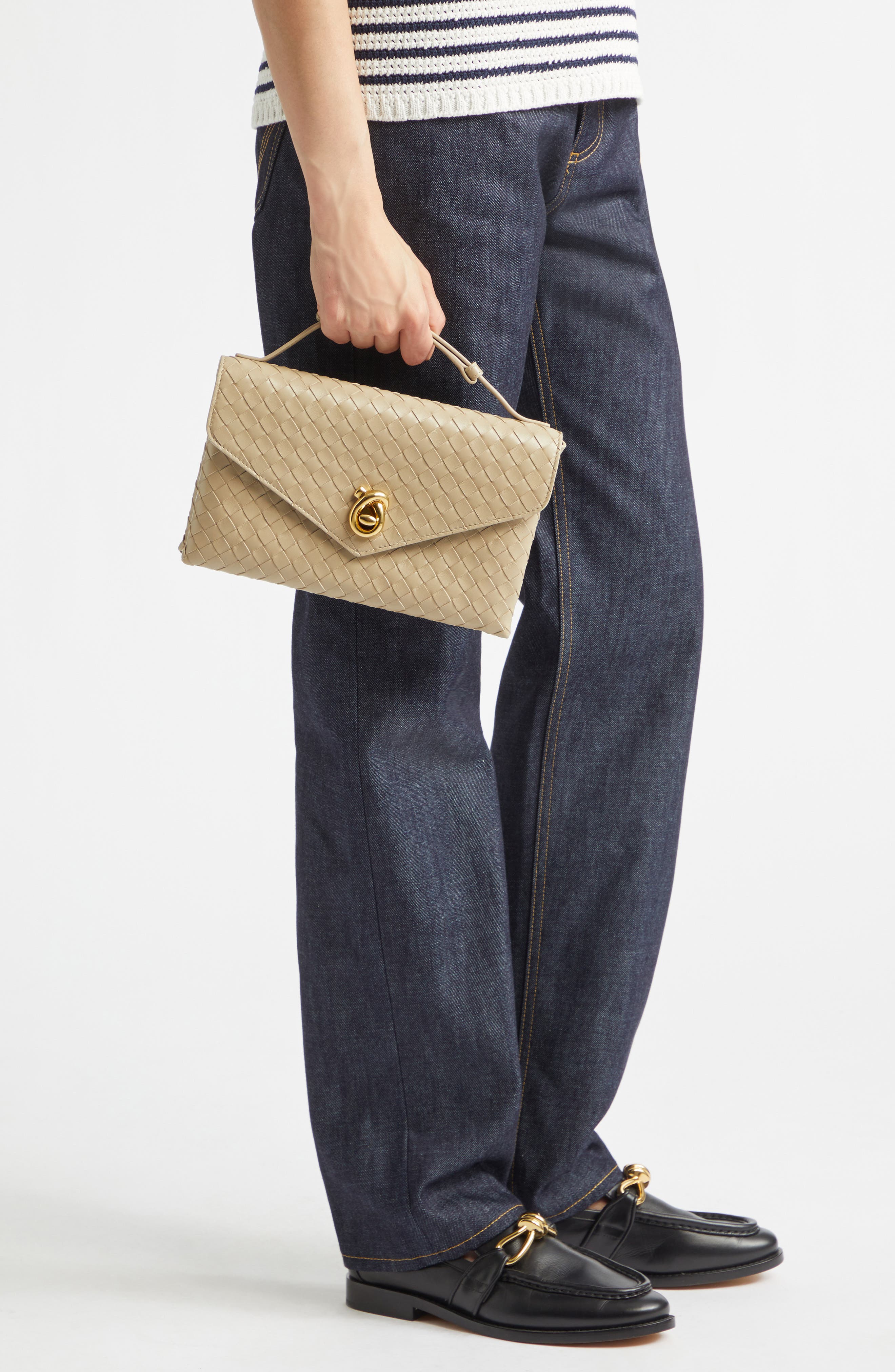 Knot Lock Intrecciato Leather Shoulder Bag, Alternate, color, 9614 ECRU-MUSE BRASS