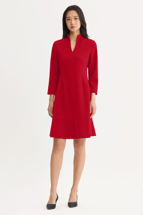 Stretch Deco Crepe Funnel Neck Midi Dress