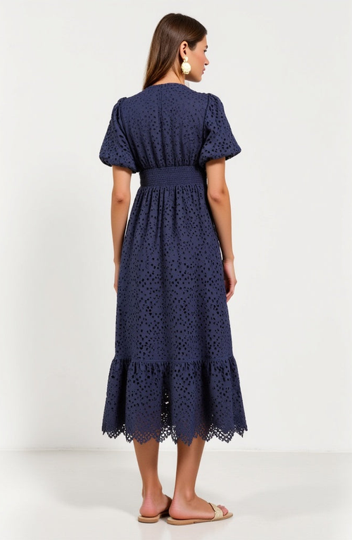 Modenaire Puff-sleeve Eyelet Midi Dress In Navy
