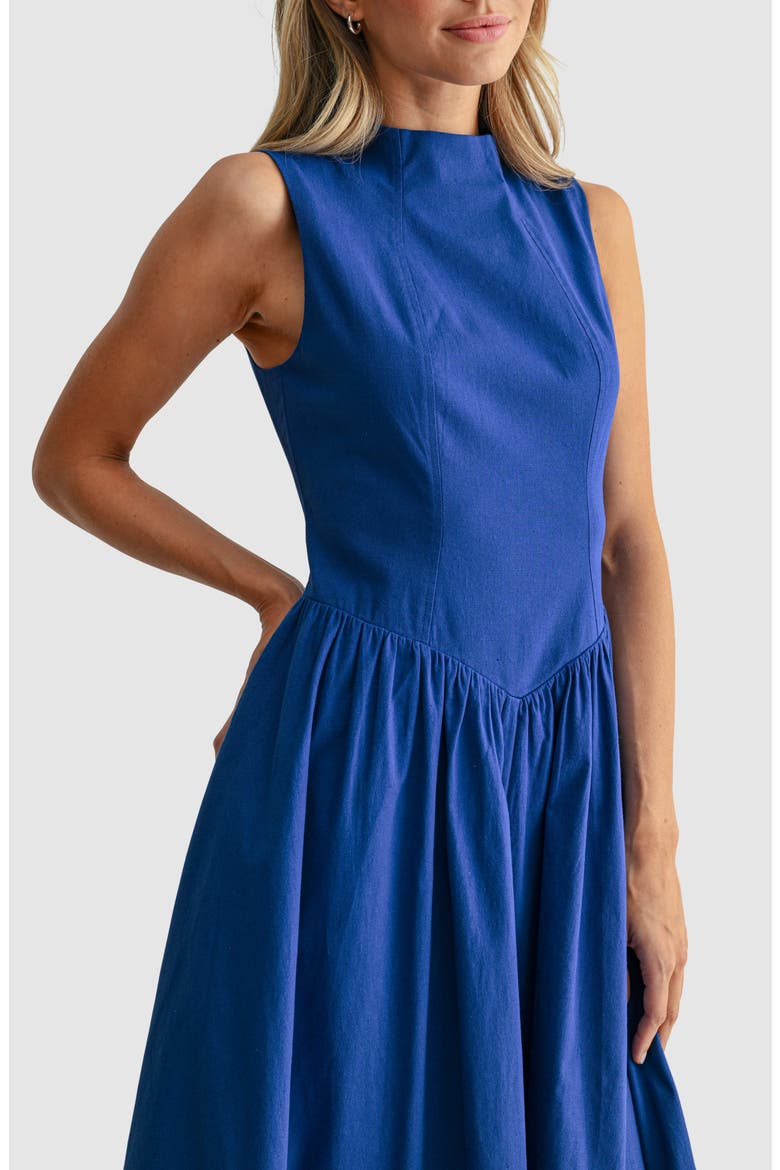 Mock Neck Drop Waist Fit & Flare Midi Dress, Alternate, color, COBALT