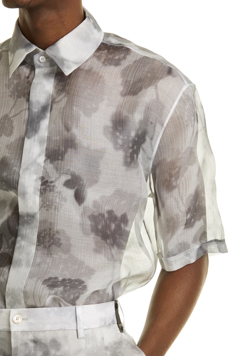 Fendi Hortensia Floral Print Short Sleeve Silk Button-Up Shirt, Alternate, color,