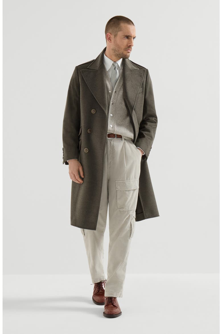 Lightweight virgin wool cloth one-and-a half breasted coat with peak lapels, Alternate, color, Mud