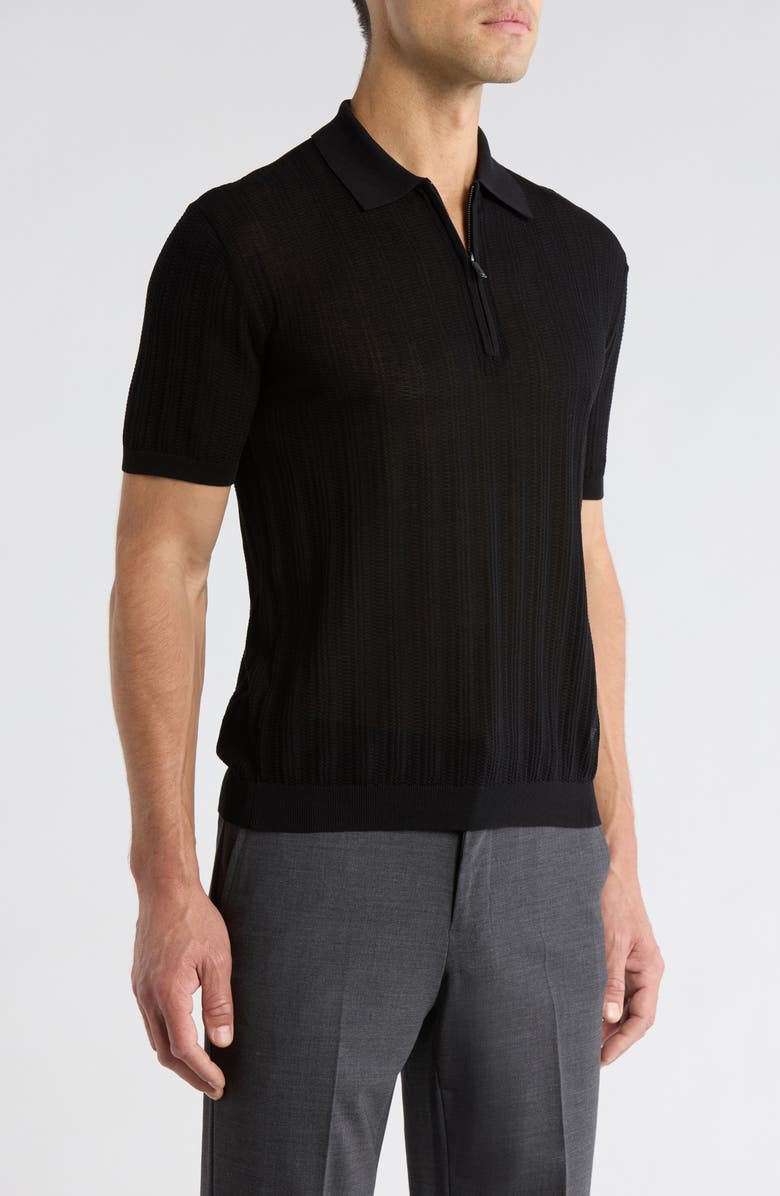 Emporio Armani Textured Quarter Zip Polo, Alternate, color, Solid Black