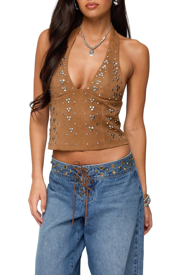Xaria Studded Faux Suede Halter Top, Main, color, BROWN
