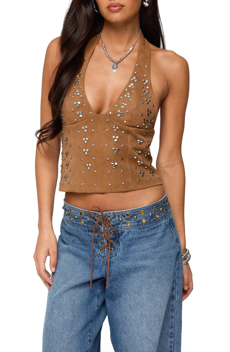 EDIKTED Xaria Studded Faux Suede Halter Top, Main, color, Brown