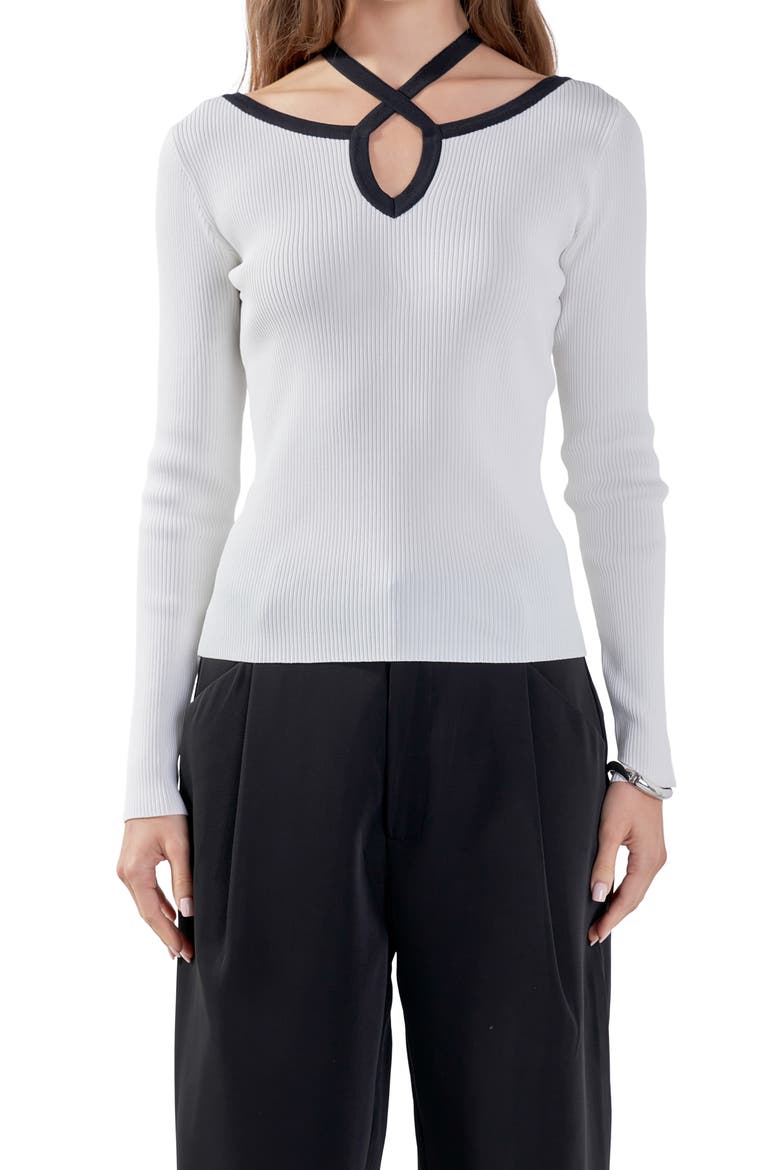 Cutout Cross Neck Long Sleeve Top, Alternate, color, IVORY/ BLACK