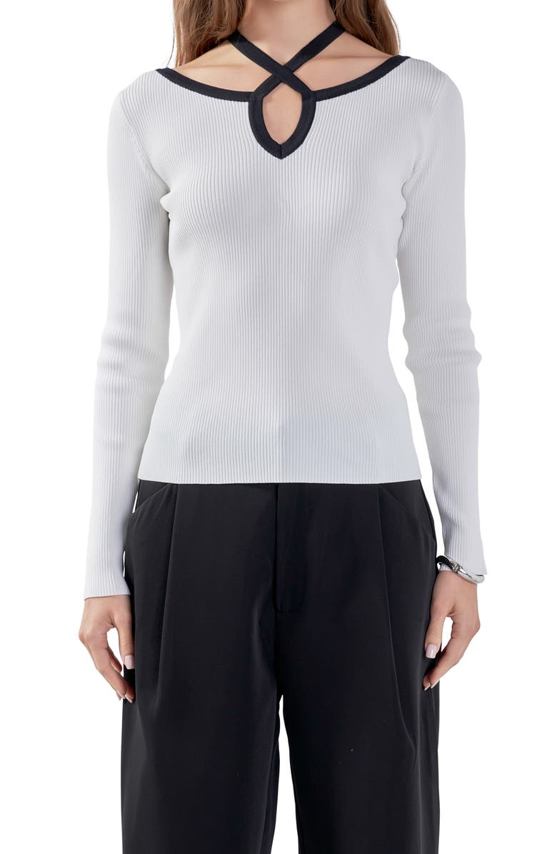 Endless Rose Cutout Cross Neck Long Sleeve Top, Alternate, color, Ivory/ Black