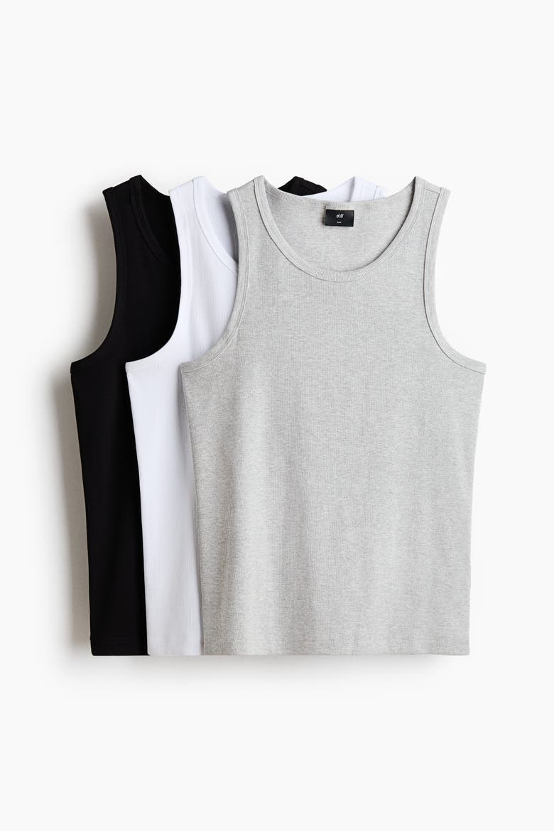 3-pack Slim Fit Ribbed Vest Tops, Main, color, Black/white/gray melange
