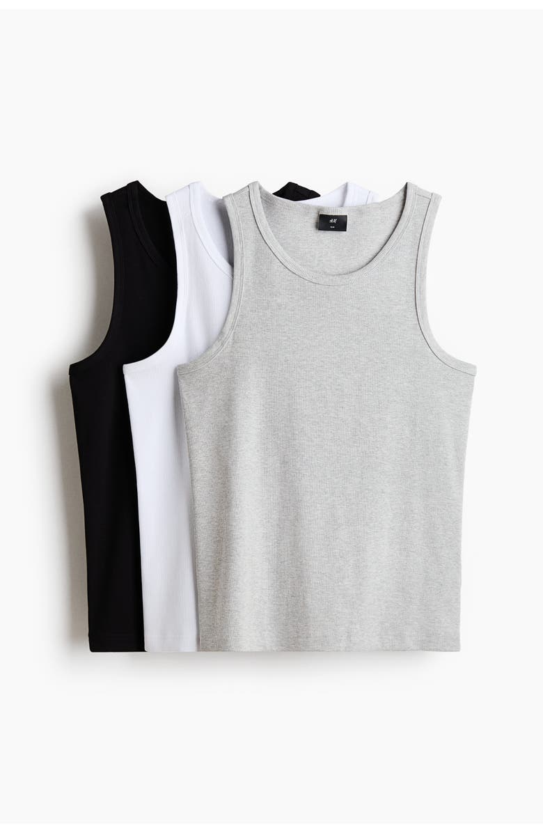 H&M 3-pack Slim Fit Ribbed Vest Tops, Main, color, Black/White/Gray Melange
