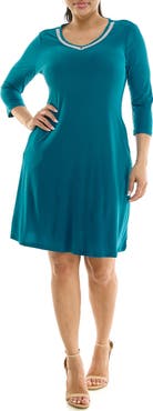 Nina Leonard Rhinestone V-Neck Dress