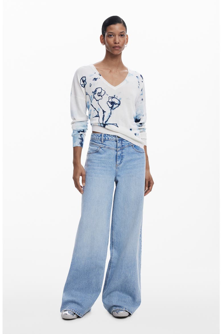 Floral V-Neck Sweater, Alternate, color, WHITE/ BLUE MULTI