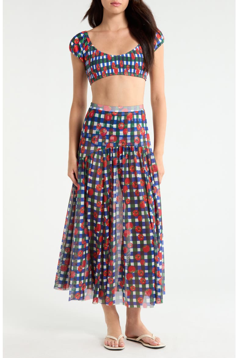Maeden Floral Cover-Up Midi Skirt, Main, color, GINGHAM TOMATOES BLUE/ GREEN