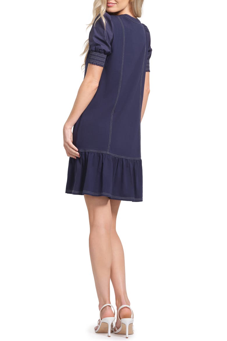 Top Stitch Detail Drop Waist Stretch Cotton Dress, Alternate, color, NAVY