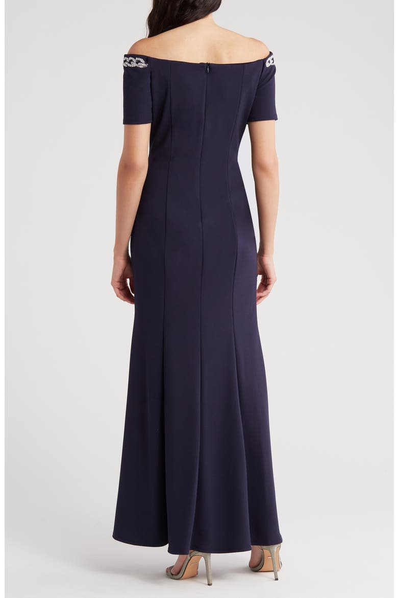 Beaded Off-the-Shoulder Short Sleeve Trumpet Gown, Alternate, color, NAVY