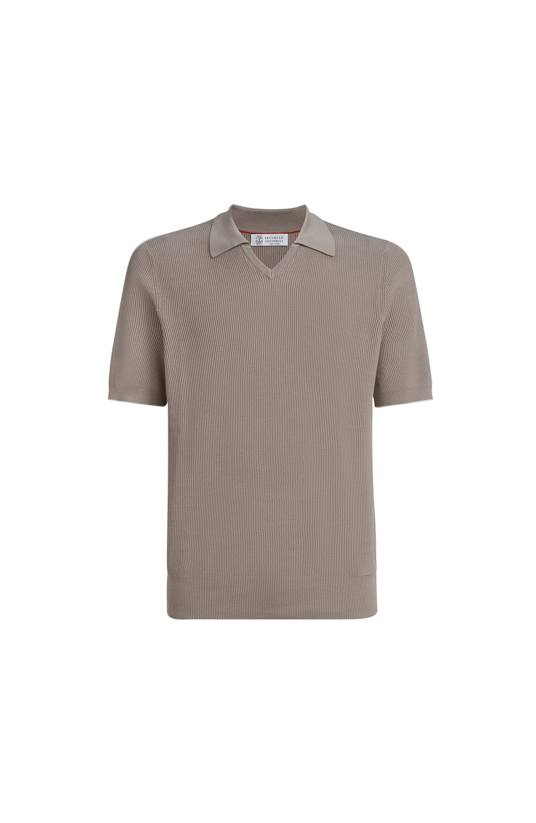 Brunello Cucinelli Cotton English rib knit polo, Main, color, Light Brown