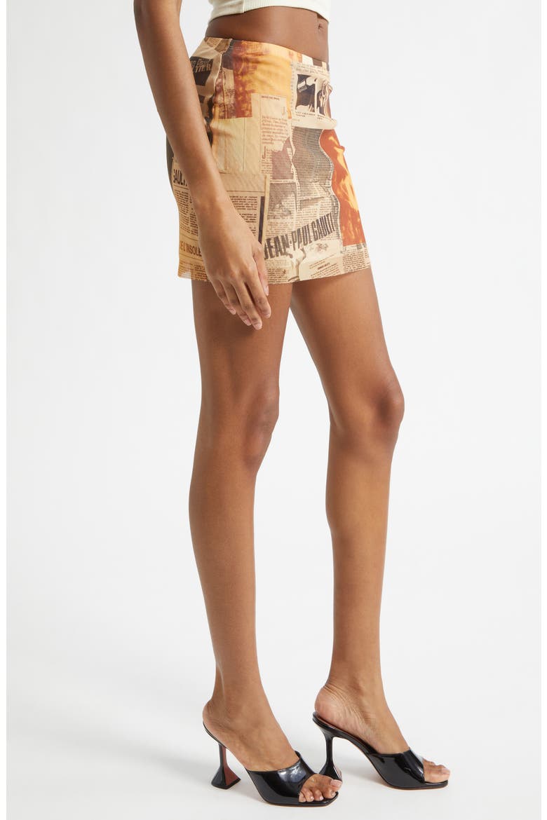 Newspaper Print Mesh Miniskirt, Alternate, color, ECRU/ LIGHT GREY/ RED