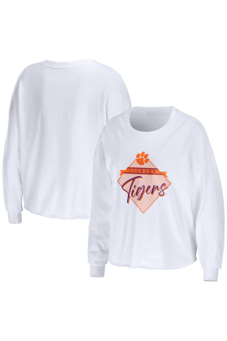 Women's WEAR by Erin Andrews White Clemson Tigers Diamond Long Sleeve Cropped T-Shirt, Alternate, color, White