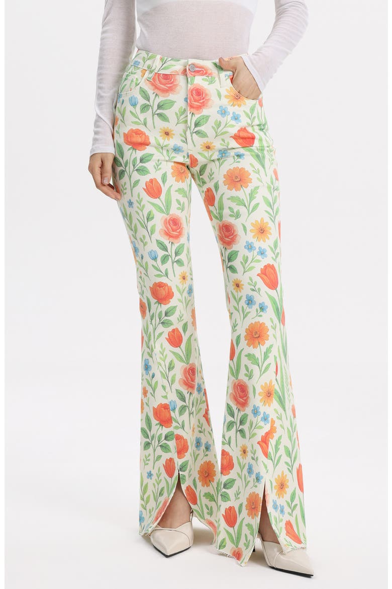 Floral High Waist Slit Hem Flare Jeans, Main, color, WILD BLOOM WHISPER