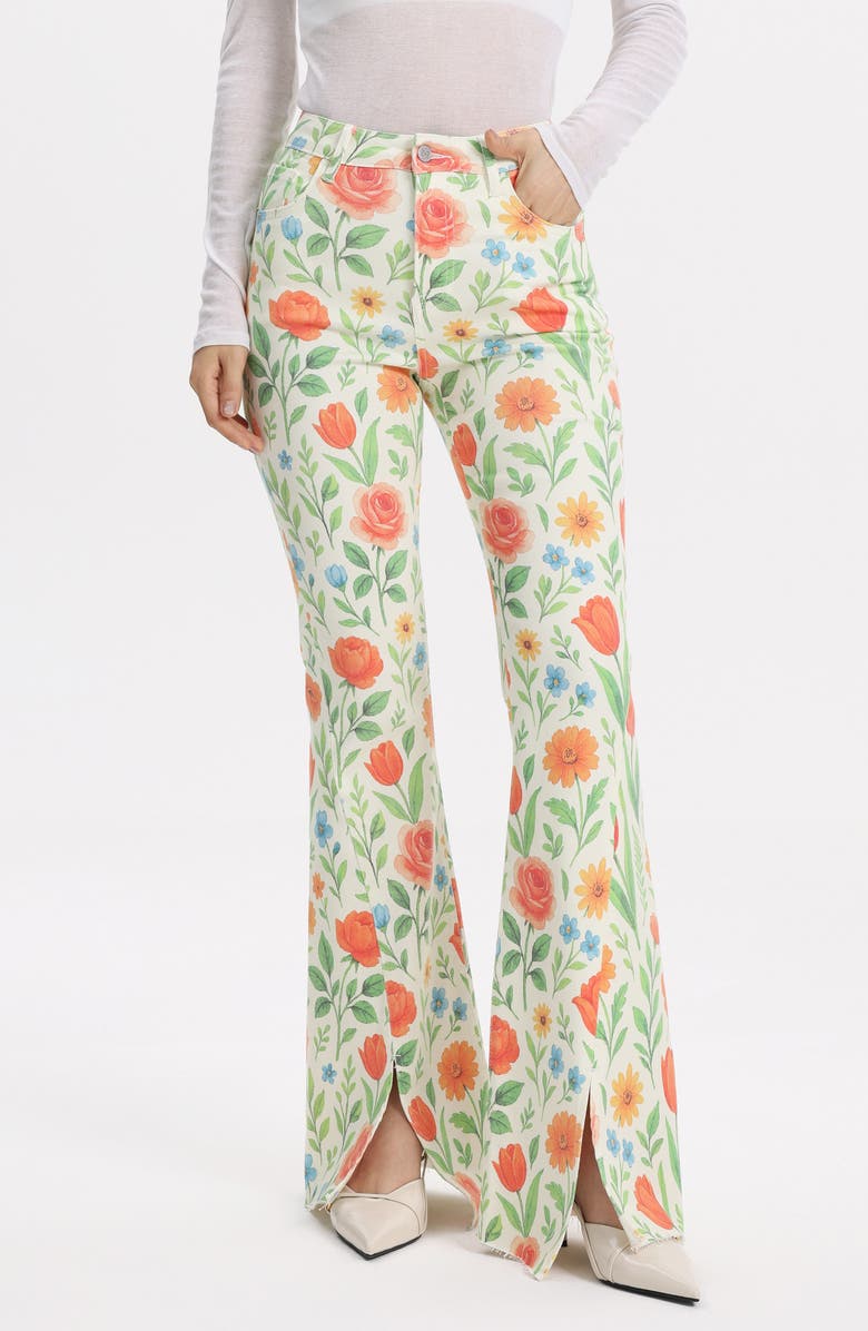 Bayeas Floral High Waist Slit Hem Flare Jeans, Main, color, Wild Bloom Whisper