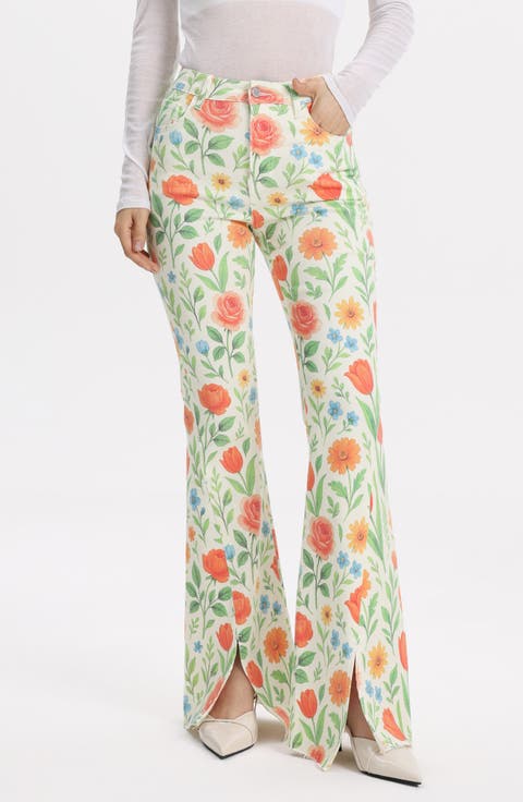 Floral High Waist Slit Hem Flare Jeans