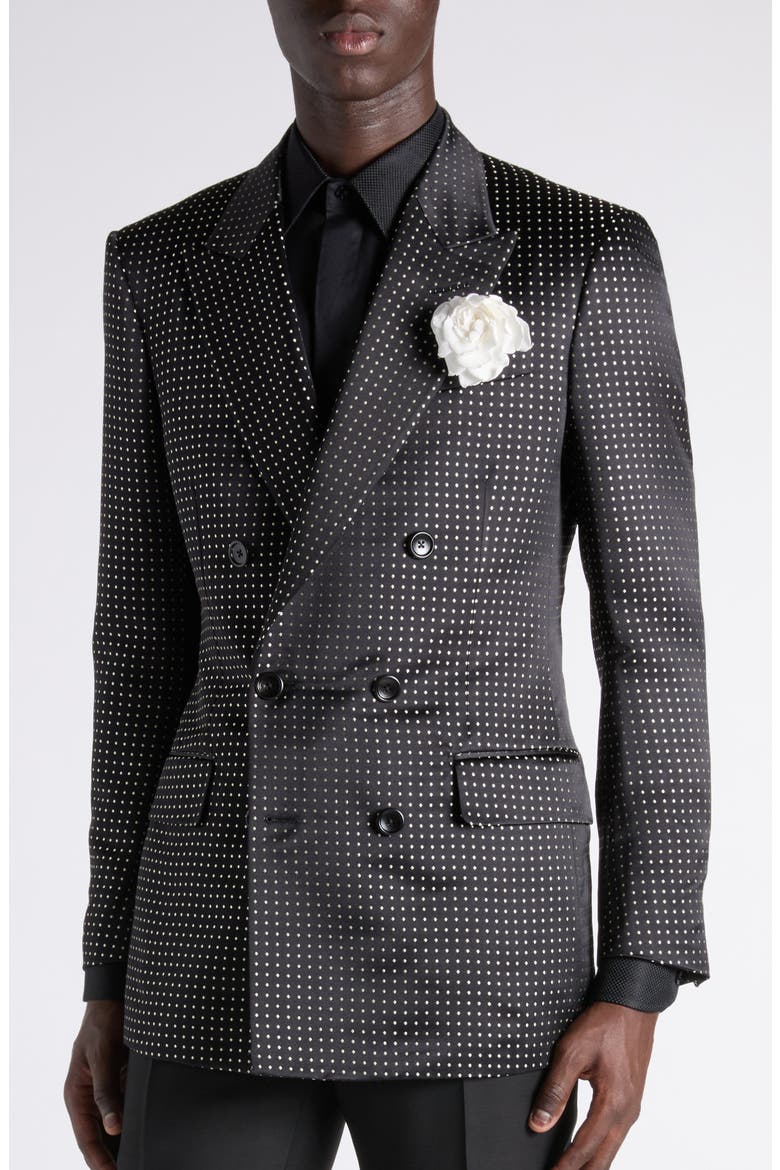 Polka Dot Jacquard Duchesse Mulberry Silk Double Breasted Jacket, Alternate, color, NNL COMBO BLACK/ IVORY