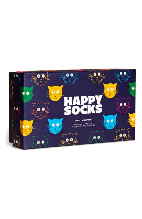 Happy Socks Mixed Cat 3-pack Assorted Crew Socks Gift Set In Navy