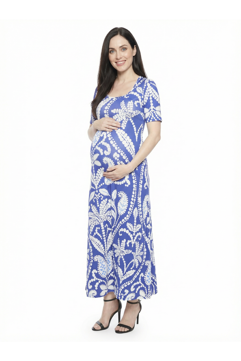 Maternity Floral Scoop Neck Elbow Sleeve A-Line Maxi Dress, Main, color, Blue Multi