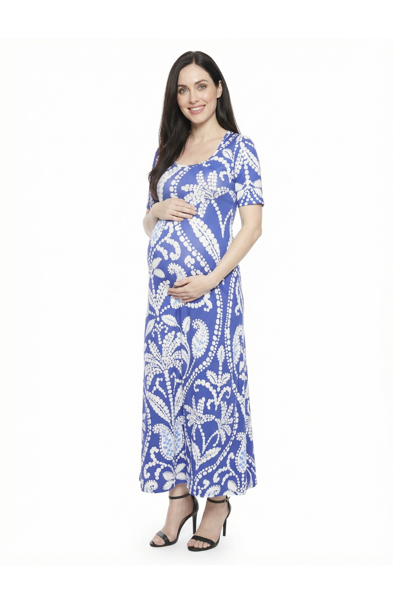 24seven Comfort Apparel Maternity Floral Scoop Neck Elbow Sleeve A-Line Maxi Dress, Main, color, Blue Multi