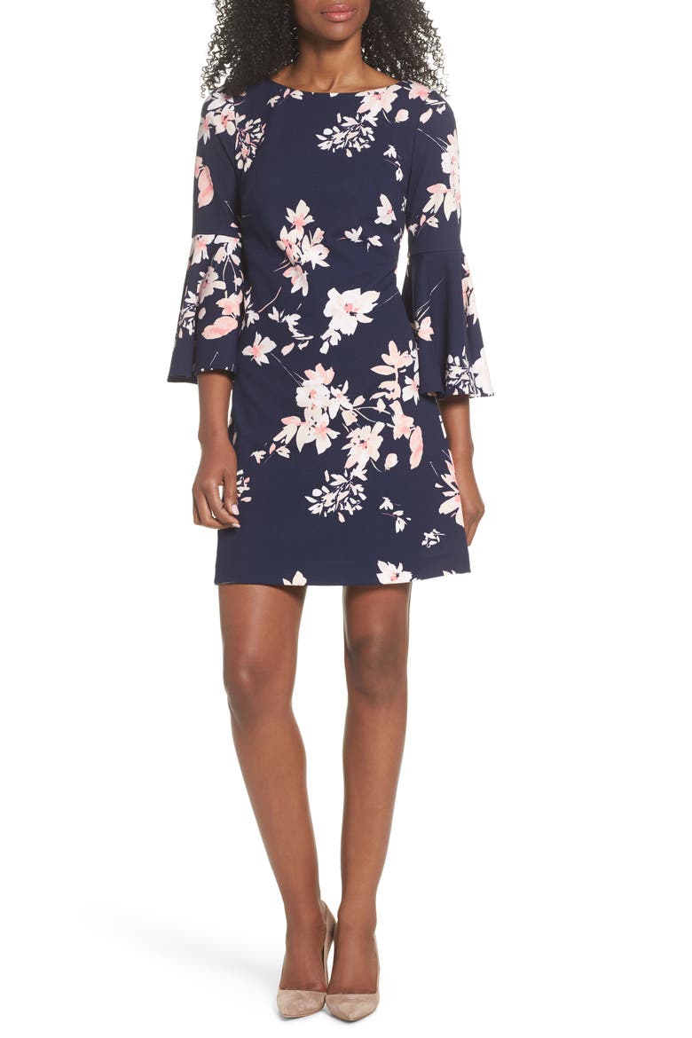 Floral Bell Sleeve Dress, Main, color, NAVY/PINK