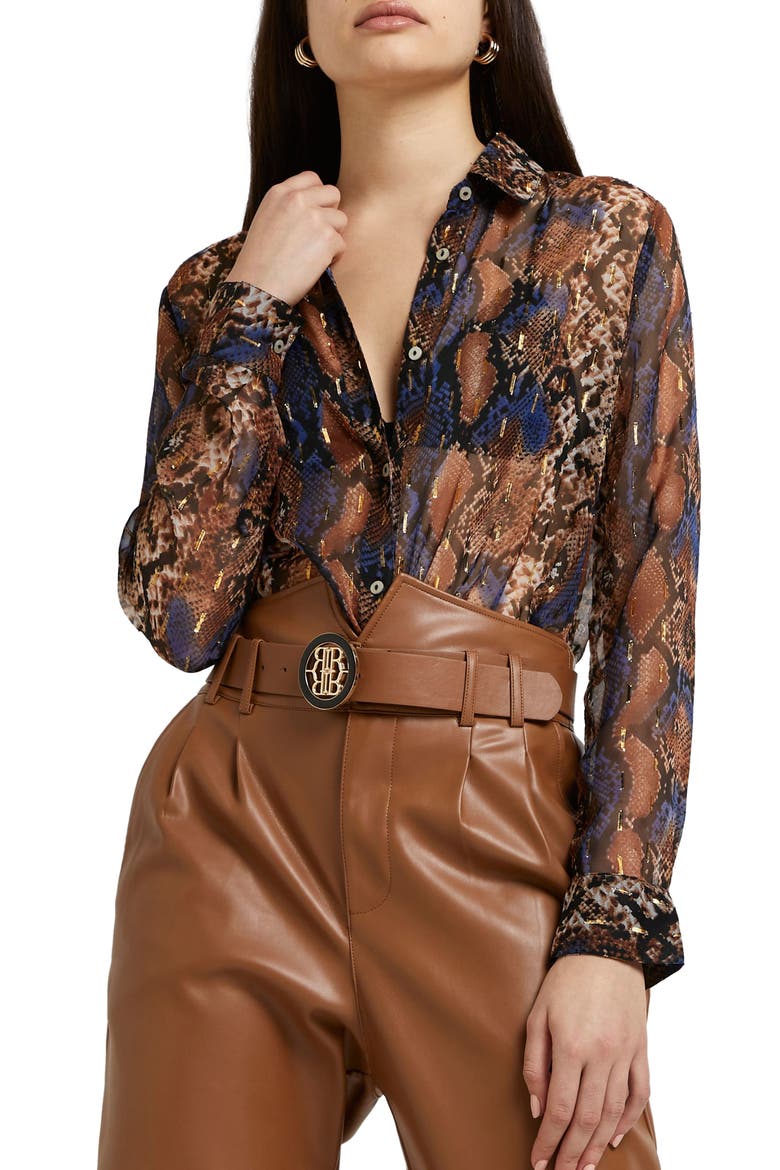 Snakeskin Print Chiffon Top, Main, color, BROWN