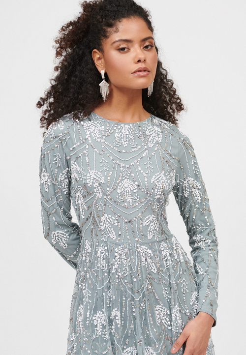 Maryisa Embellished Sequin Beaded Floral A Line Maxi Dress In Misty Grey